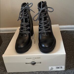 Marc Fisher Black Ankle Boots with Patterned Laces